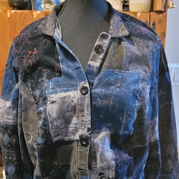 #119 Cord patchwork look eclectic flare sleeve button up - Picture 2 of 5